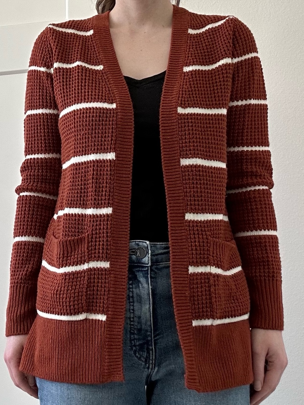 Pink Rose Orange & White Striped Open-Front Cardigan